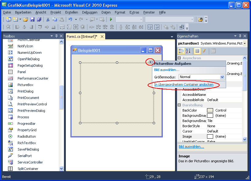 Die "PictureBox" soll nun an ihren Container angedockt werden