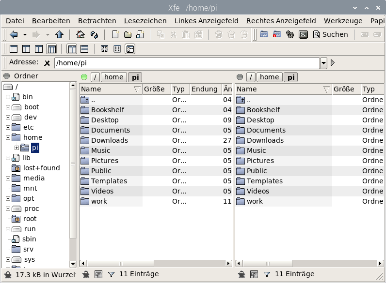 Der Dateibrowser "xfe" in der Anzeigeform mit Baum und zwei Auswahllisten